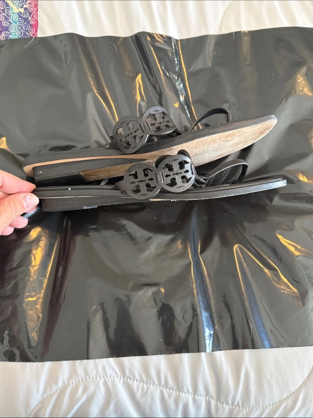Tory Burch Black Leather Logo Thong Sandals